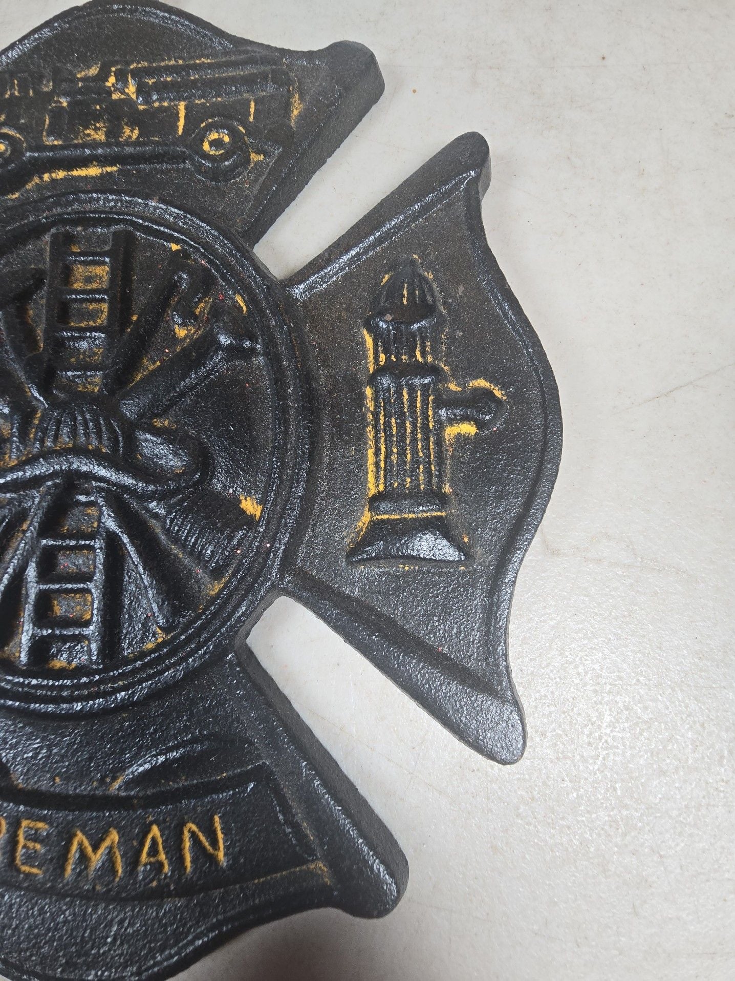 Cast Iron Fireman Maltese Cross Wall Plaque with Hand Painted Gold Accents 3