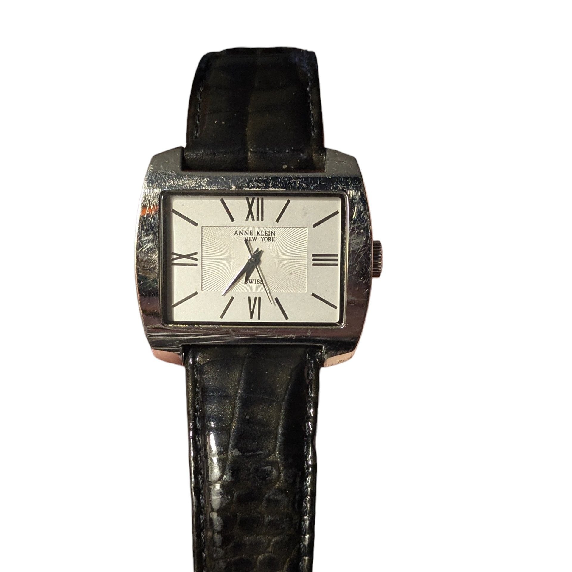 Anne Klein New York Rectangular Watch with Black Croco-Grain Leather Strap 2
