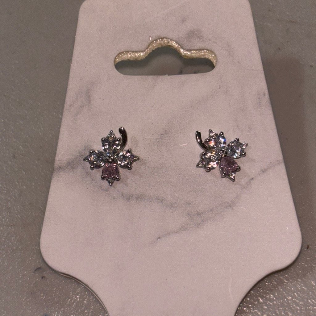Small diamond Flower Shaped Stud Earrings with Pink Accents 2