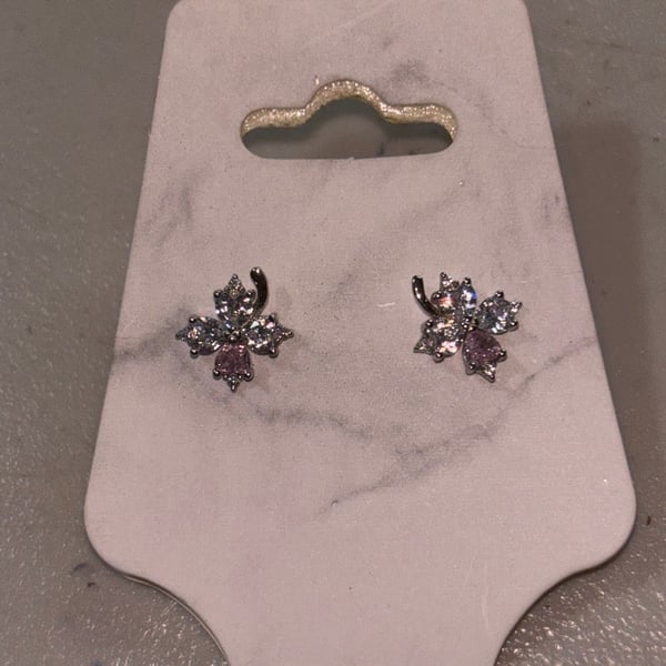 Small diamond Flower Shaped Stud Earrings with Pink Accents