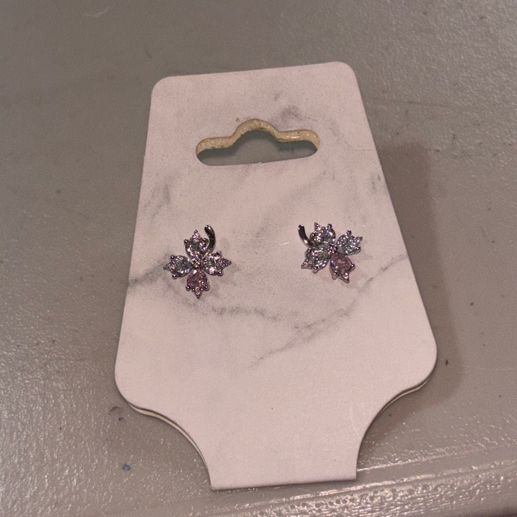 Small diamond Flower Shaped Stud Earrings with Pink Accents 3