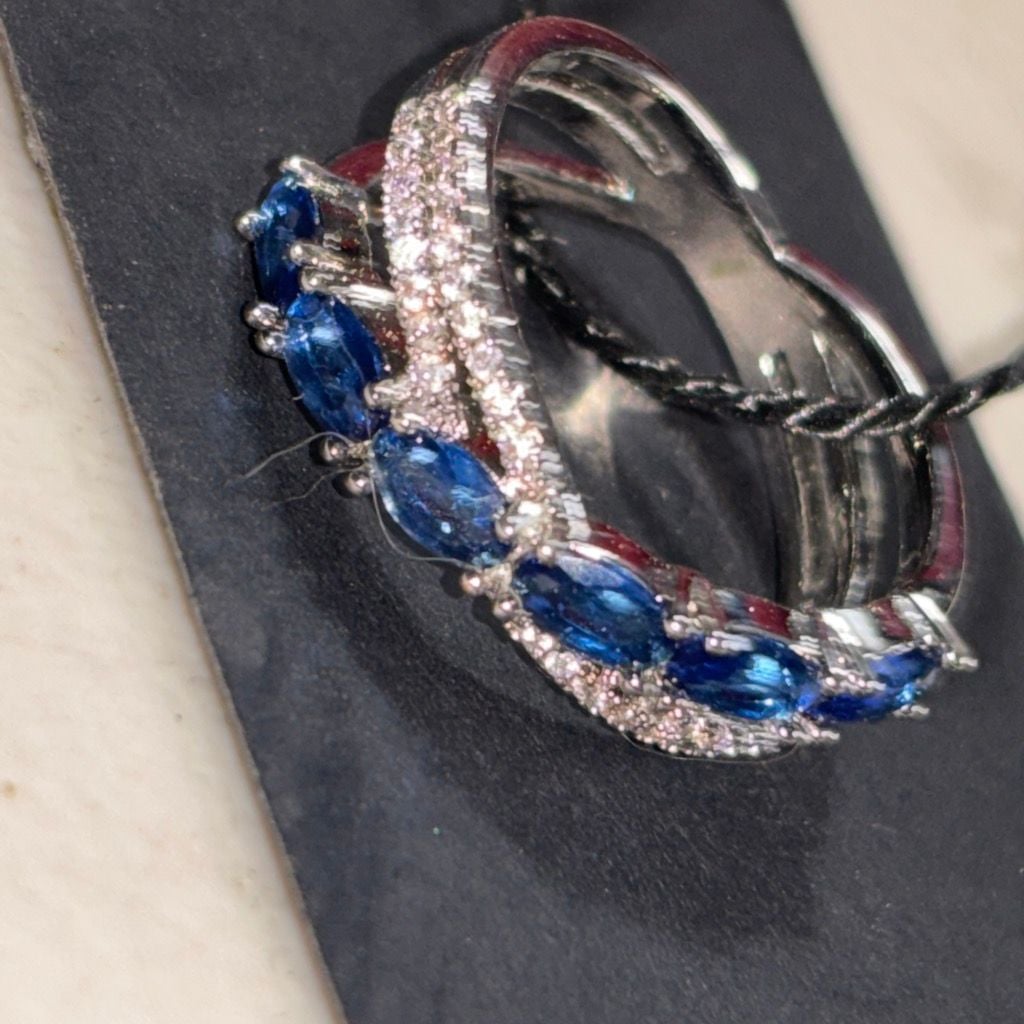 Blue Marquise-Cut Cubic Zirconia and White Pavé Accented Silver-Tone Band Ring 1