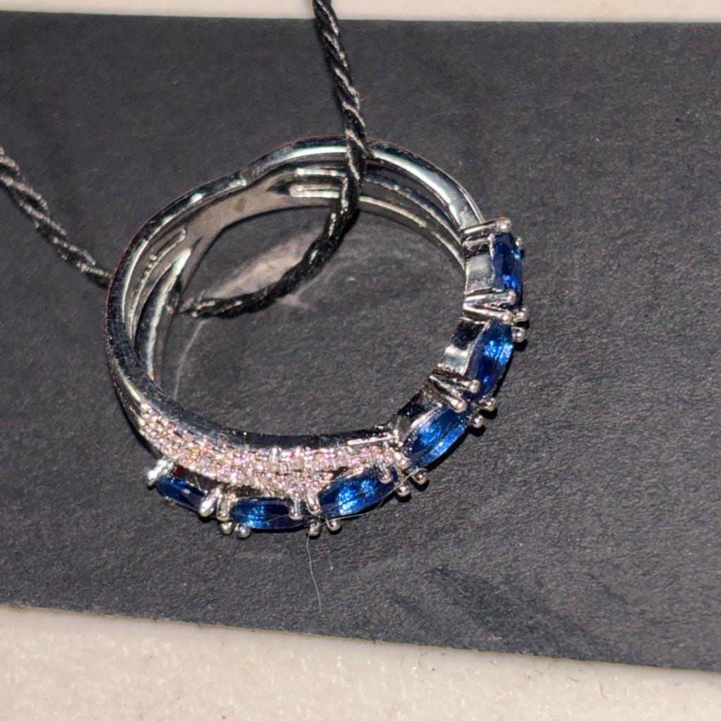 Blue Marquise-Cut Cubic Zirconia and White Pavé Accented Silver-Tone Band Ring 2