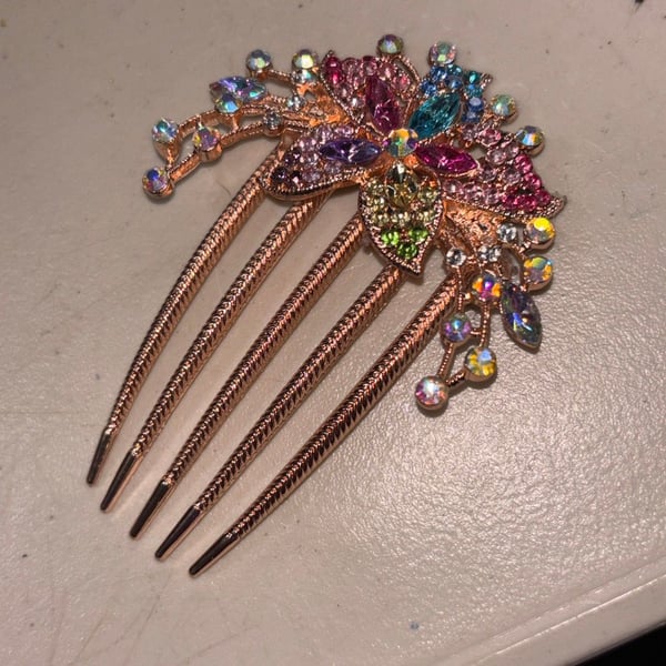 Unique Bargains Women's Rhinestone Inlaid Floral Rose Gold Tone Hair Comb