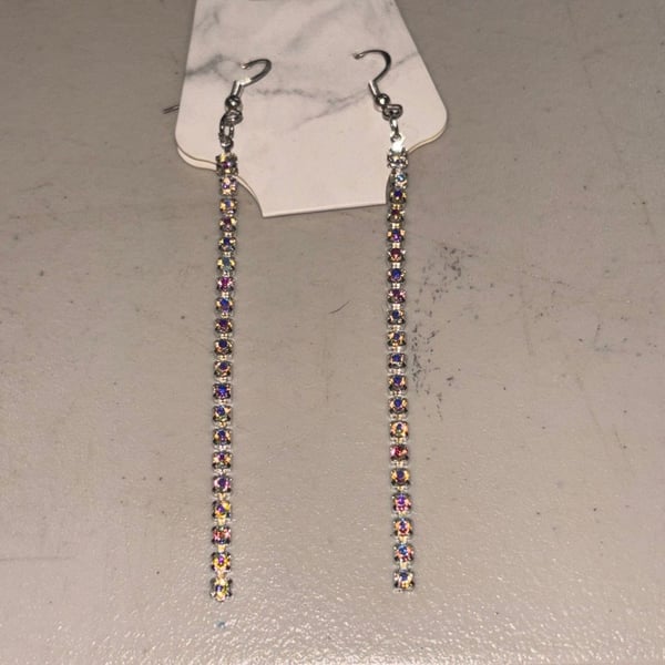 Handmade AB Rainbow Rhinestone Crystal Long Drop Dangle Earrings