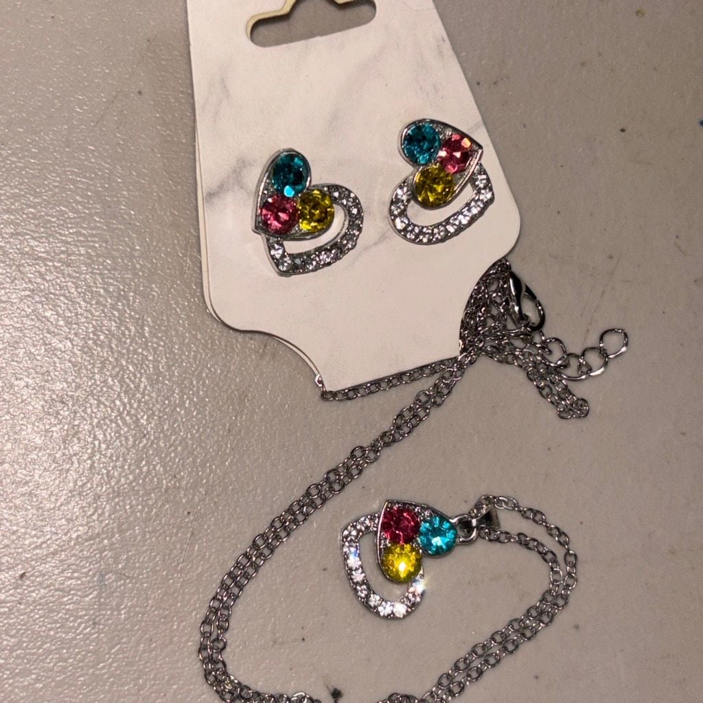 Silver Tone Multicolored Crystal Rhinestone Heart Pendant Necklace and Earring Jewelry Set 1