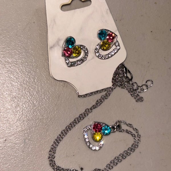 Silver Tone Multicolored Crystal Rhinestone Heart Pendant Necklace and Earring Jewelry Set