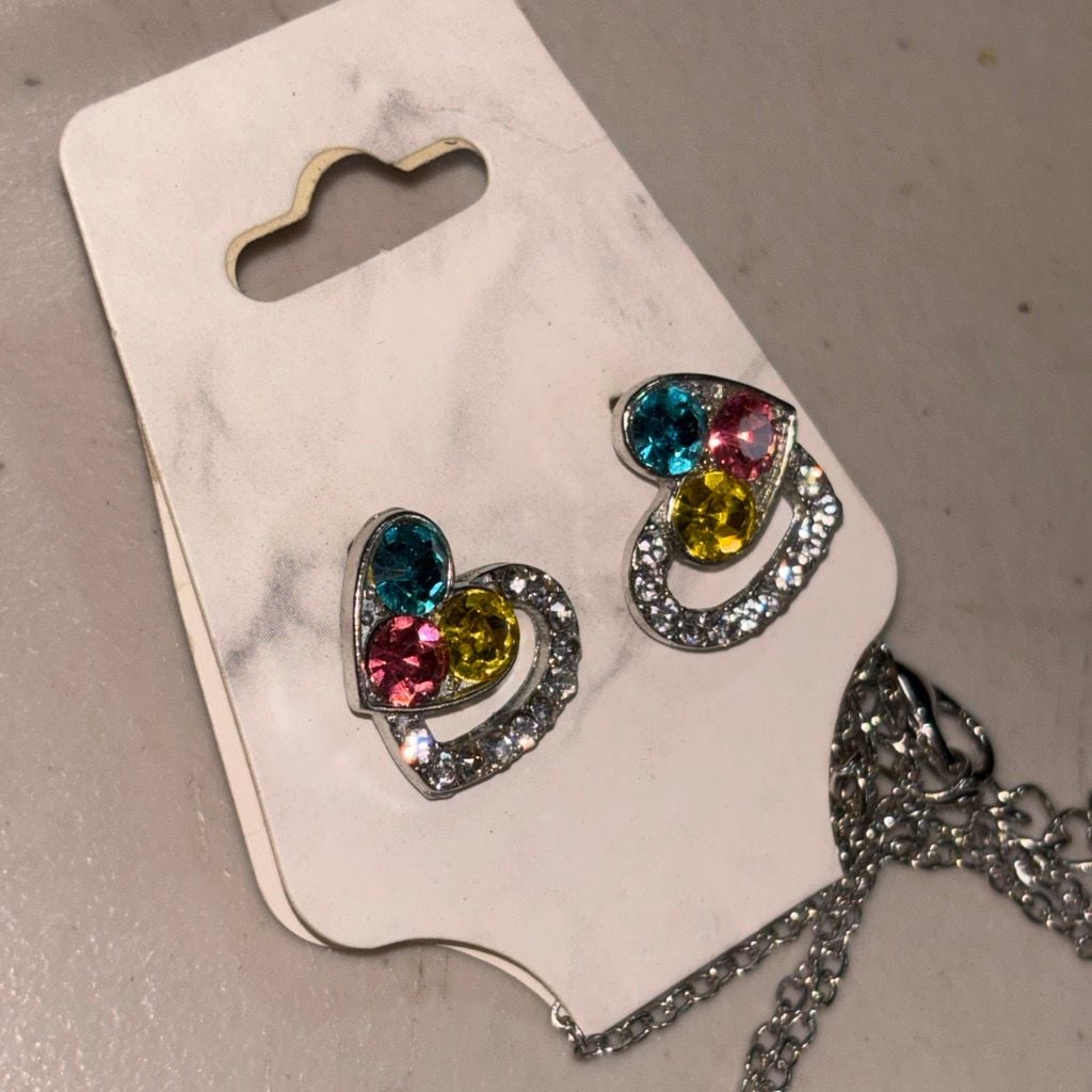 Silver Tone Multicolored Crystal Rhinestone Heart Pendant Necklace and Earring Jewelry Set 2