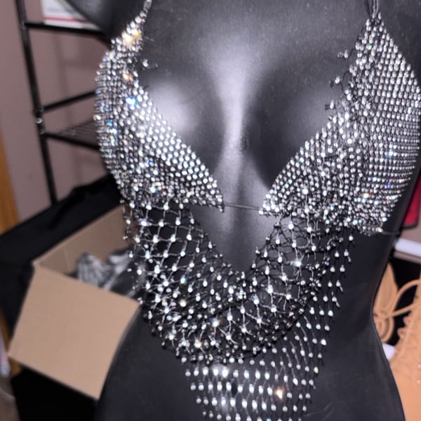 Handmade rav’r top Women's Rhinestone Embellished Fishnet Halter Crop Top