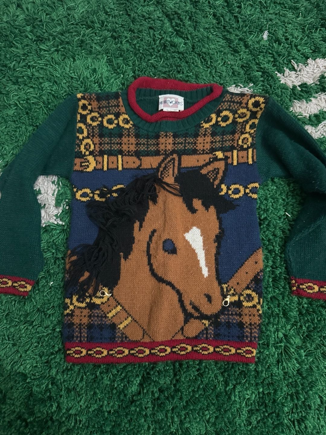 Vintage Heartworks Horse Sweater with 3D Yarn Mane and Plaid Pattern 2