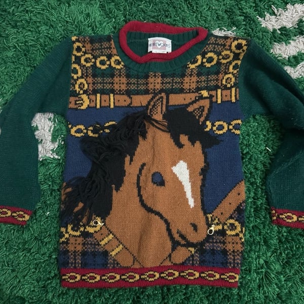 Vintage Heartworks Horse Sweater with 3D Yarn Mane and Plaid Pattern
