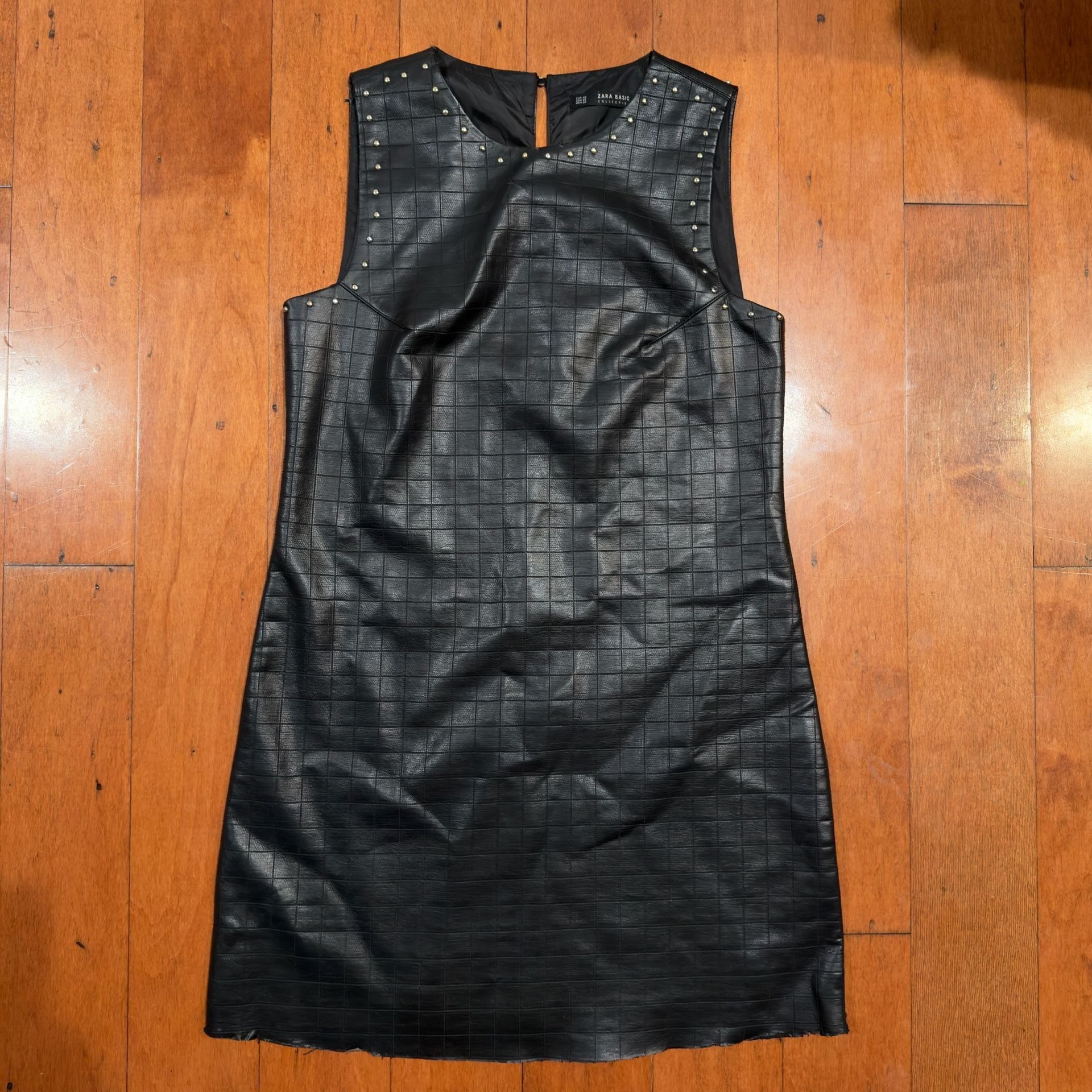 Zara Basic sleeveless black grid embossed faux leather dress w/ stud detailing 2