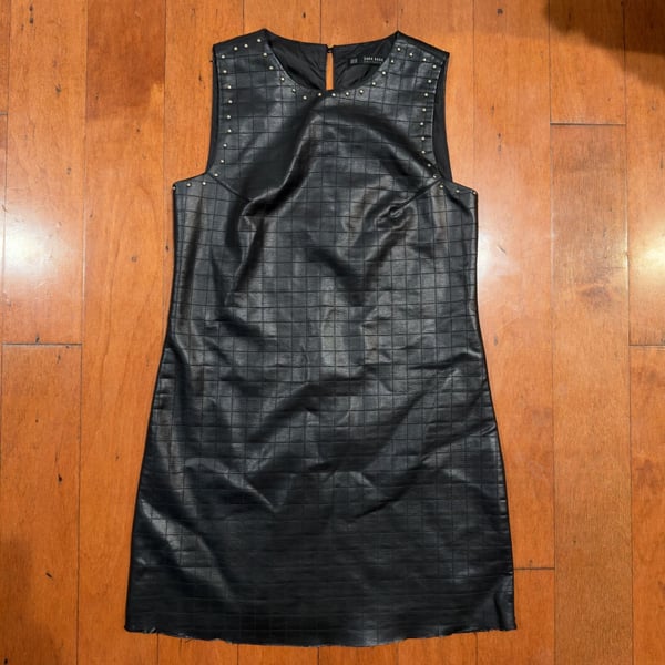 Zara Basic sleeveless black grid embossed faux leather dress w/ stud detailing