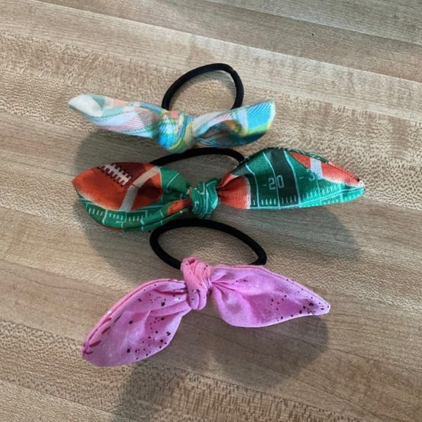 Set of 3 Assorted Fabric Bow Hair Ties, Football, Plaid, and Pink Spatter Patterns