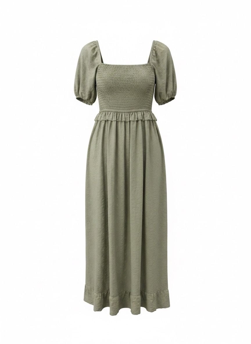 And Now This Green Swiss Dot Smocked Puff Sleeve Midi Dress 2