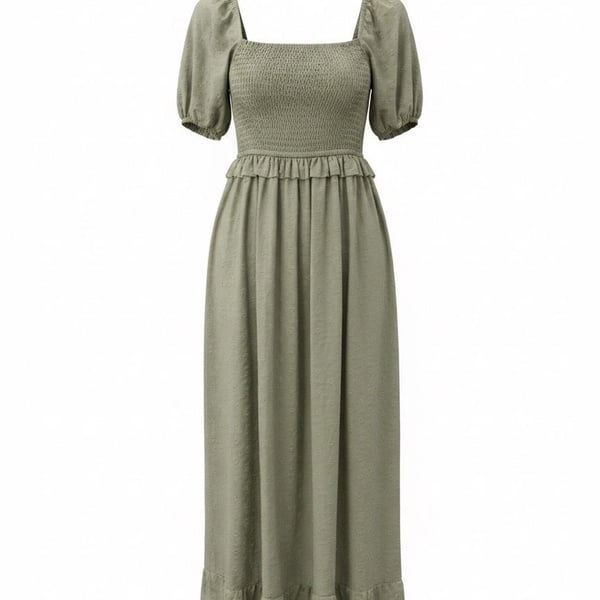 And Now This Green Swiss Dot Smocked Puff Sleeve Midi Dress
