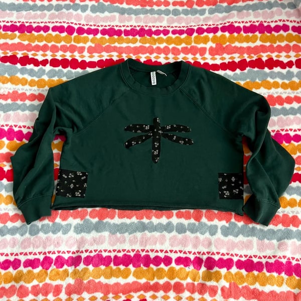 H&M Divided Basic Green Dragonfly Graphic Floral Patch Sweatshirt