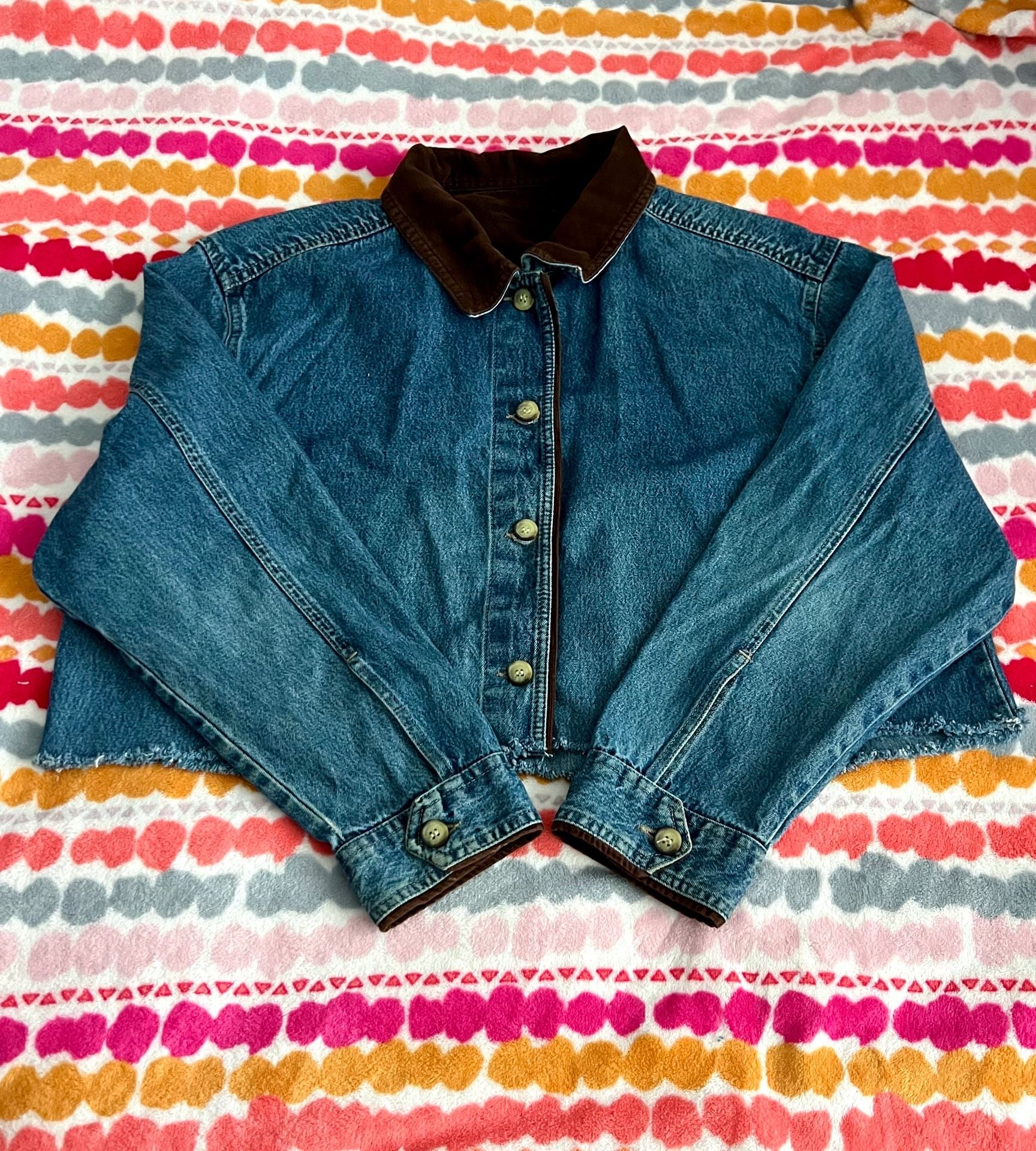 Upcycled Denim Cropped Jacket with Corduroy Collar and Mushroom Appliques 2