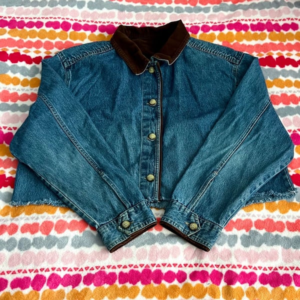 Upcycled Denim Cropped Jacket with Corduroy Collar and Mushroom Appliques