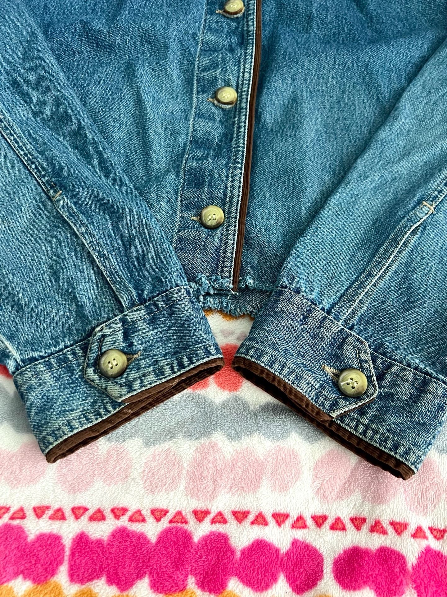 Upcycled Denim Cropped Jacket with Corduroy Collar and Mushroom Appliques 3