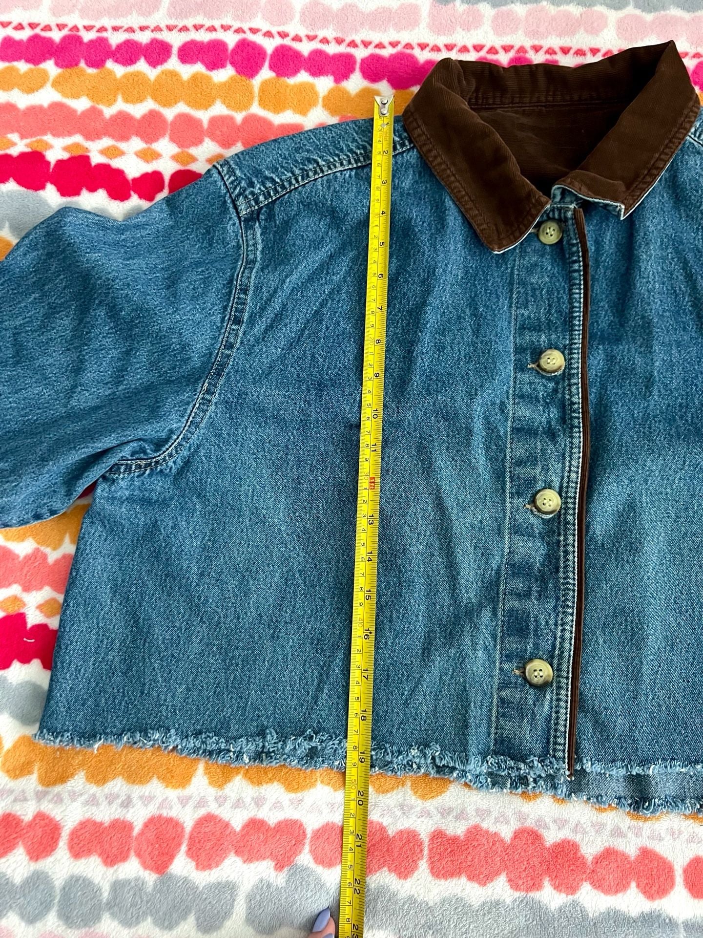 Upcycled Denim Cropped Jacket with Corduroy Collar and Mushroom Appliques 4