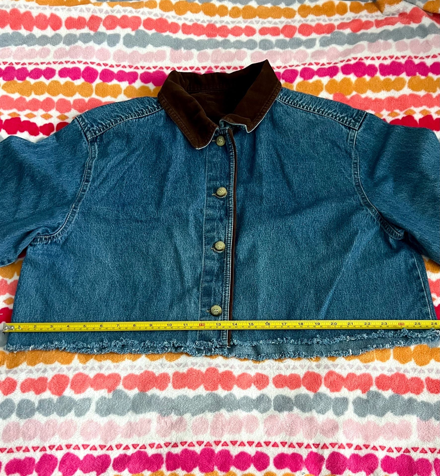 Upcycled Denim Cropped Jacket with Corduroy Collar and Mushroom Appliques 5