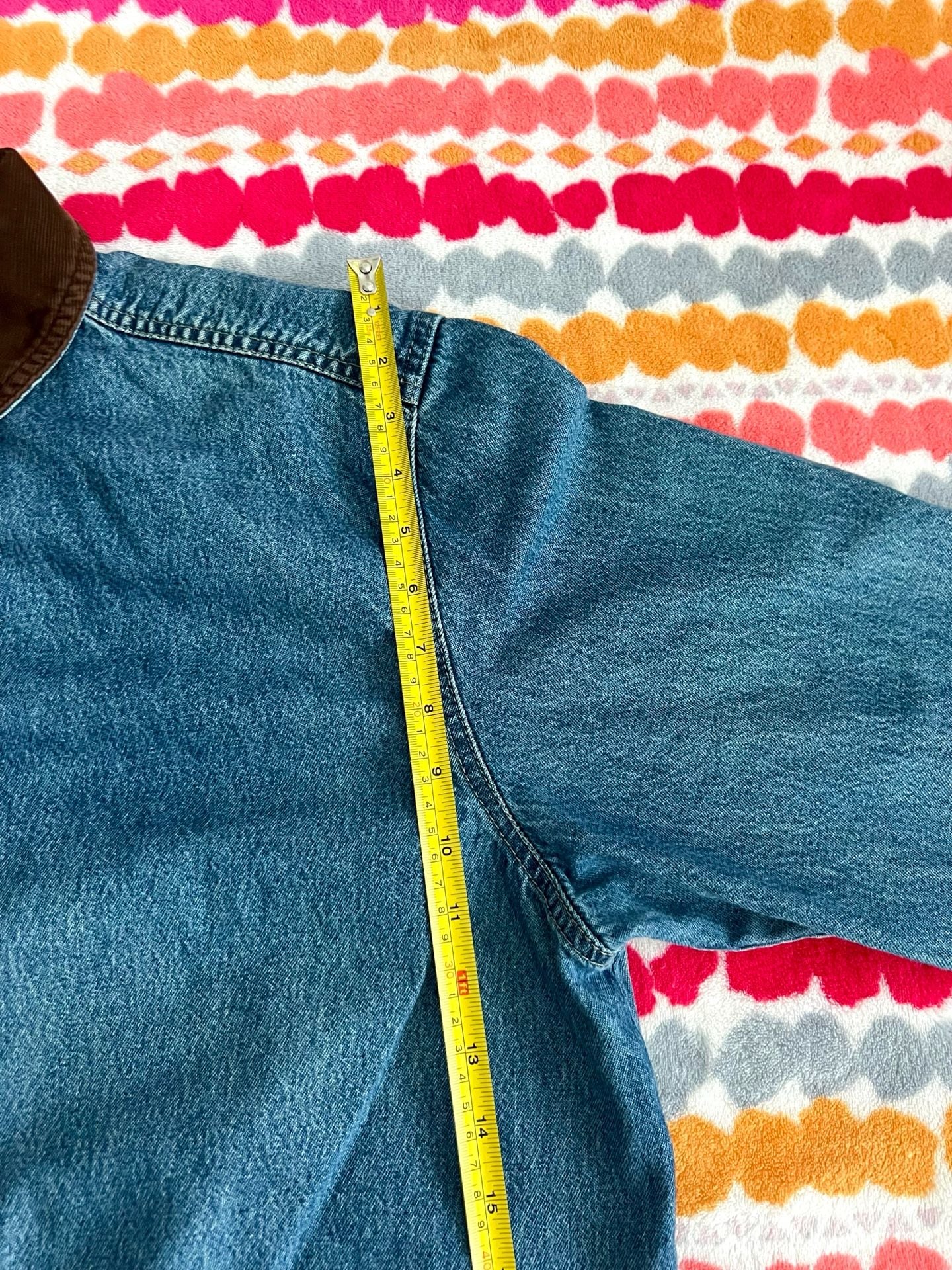 Upcycled Denim Cropped Jacket with Corduroy Collar and Mushroom Appliques 6