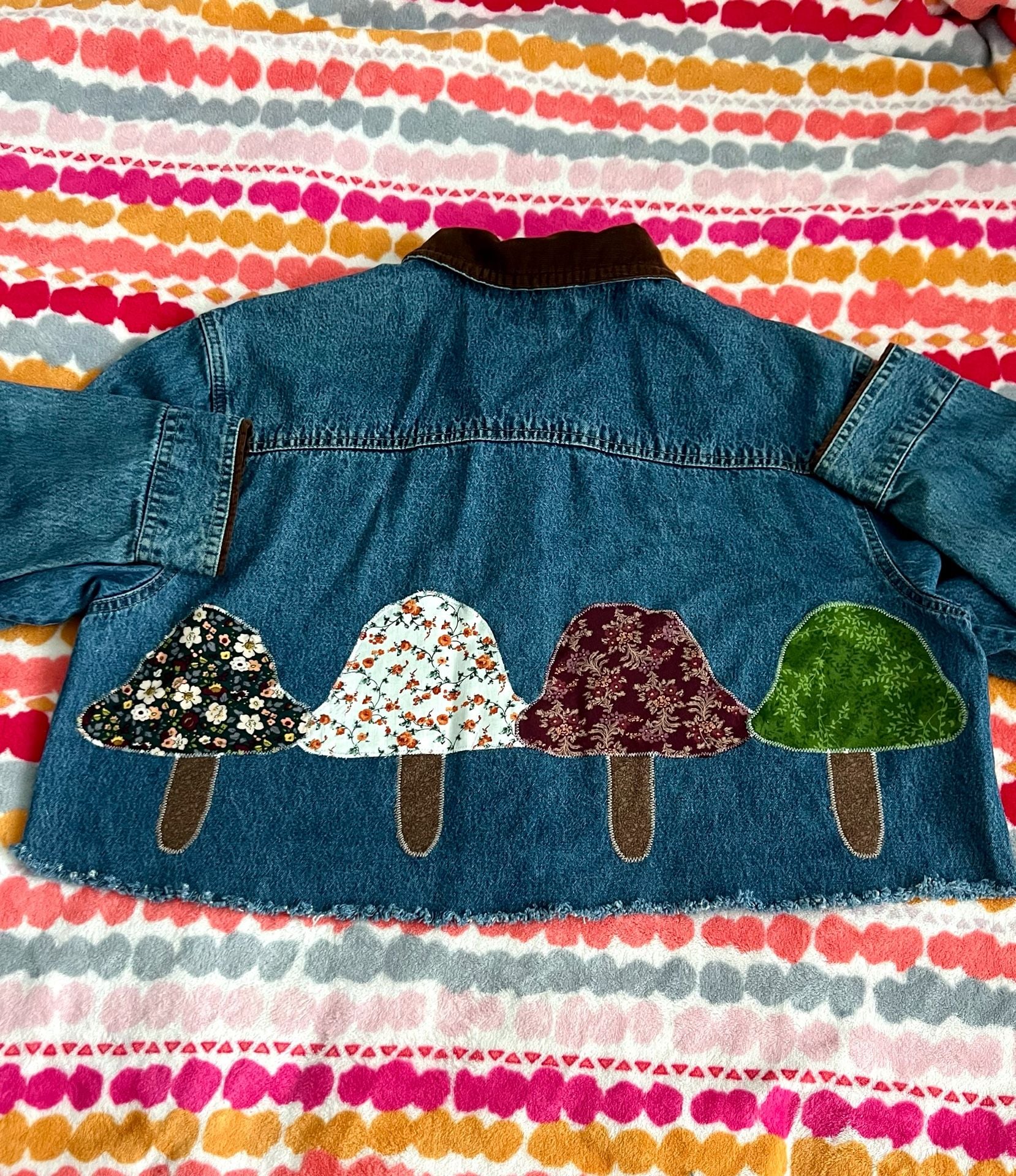 Upcycled Denim Cropped Jacket with Corduroy Collar and Mushroom Appliques 7