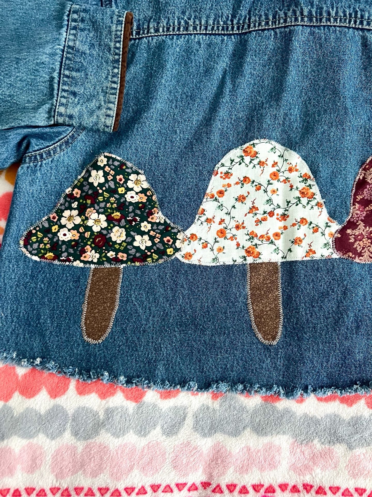 Upcycled Denim Cropped Jacket with Corduroy Collar and Mushroom Appliques 8