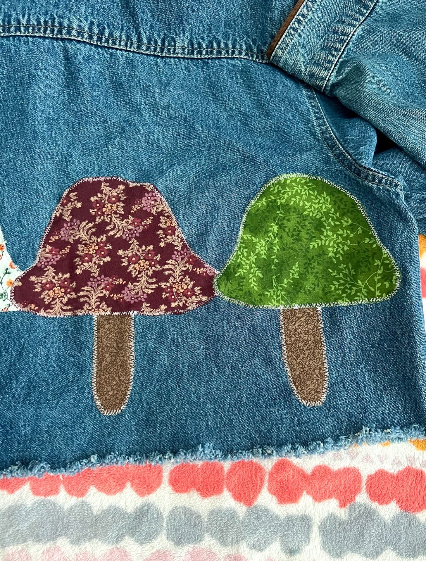 Upcycled Denim Cropped Jacket with Corduroy Collar and Mushroom Appliques 9