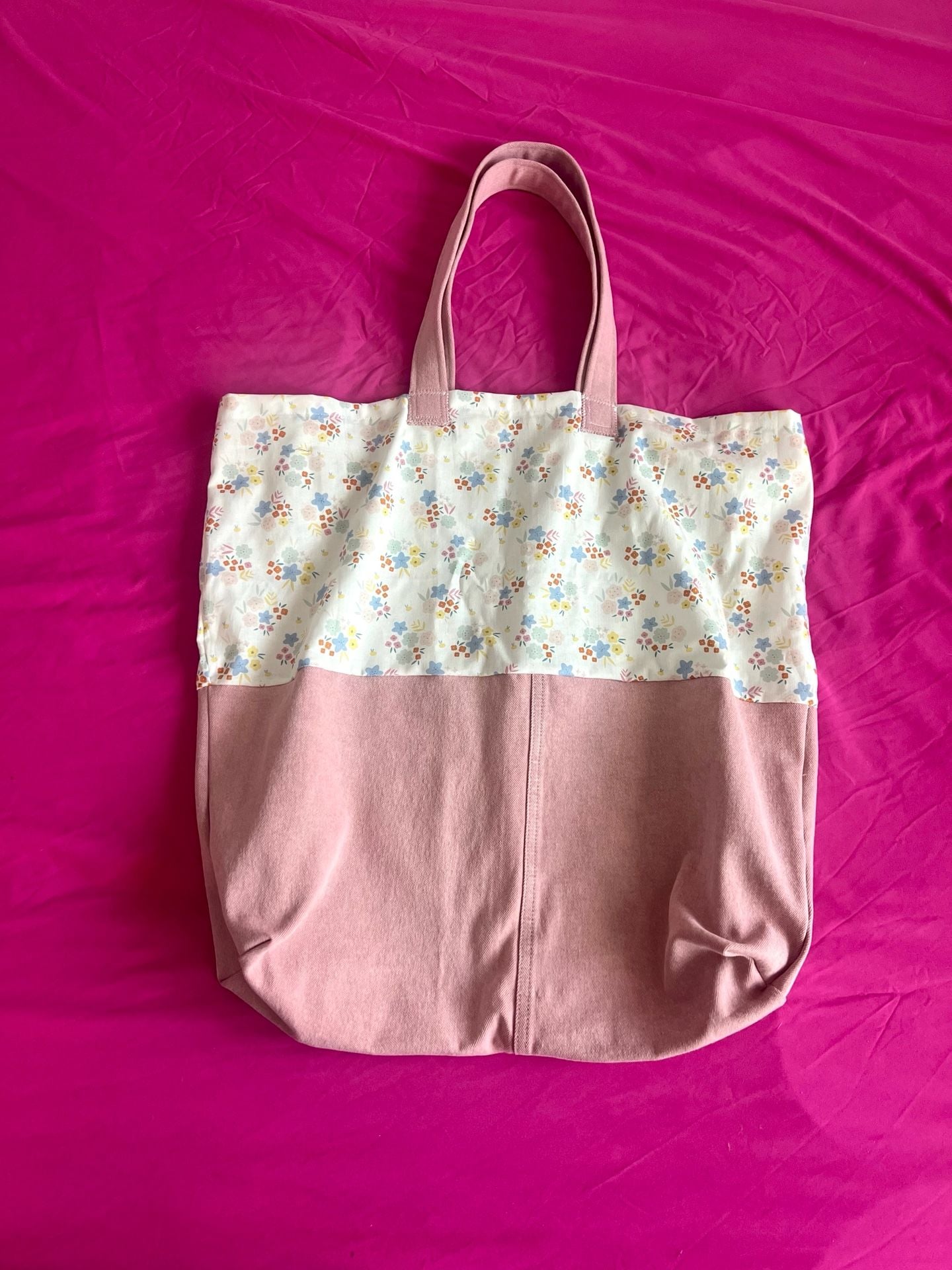 Handmade Cottagecore Pink Canvas and Floral Print Tote Bag 2