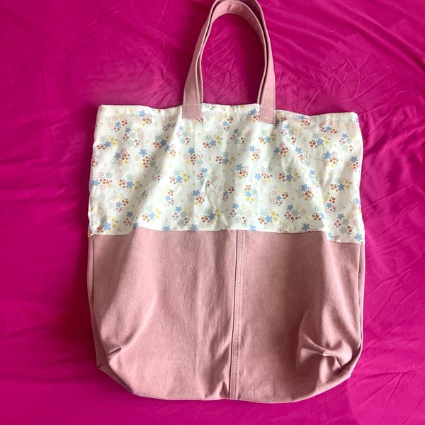 Handmade Cottagecore Pink Canvas and Floral Print Tote Bag