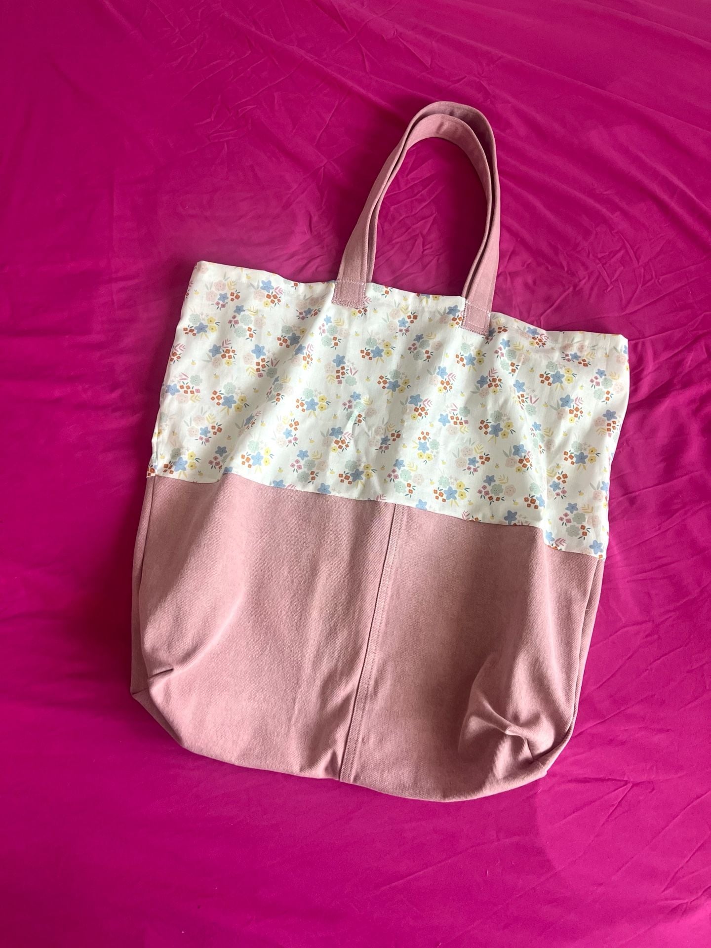 Handmade Cottagecore Pink Canvas and Floral Print Tote Bag 3