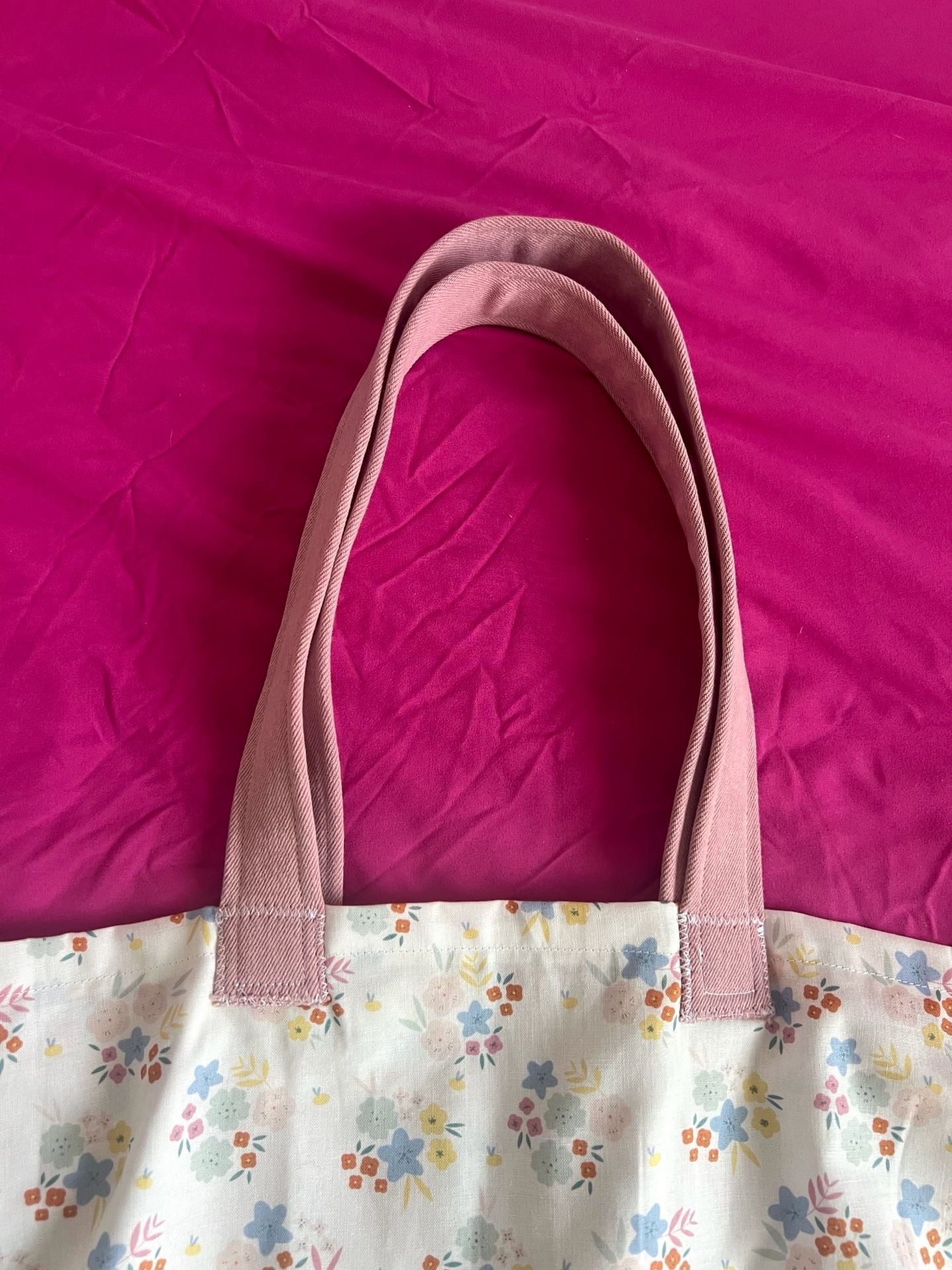 Handmade Cottagecore Pink Canvas and Floral Print Tote Bag 4