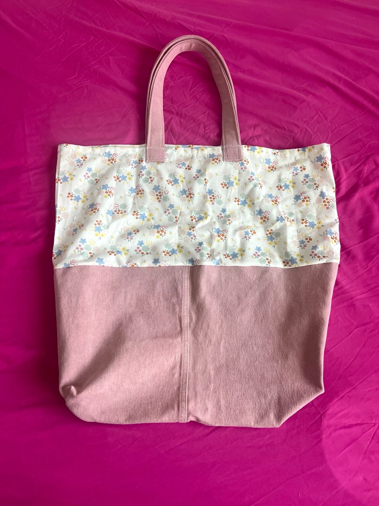 Handmade Cottagecore Pink Canvas and Floral Print Tote Bag 7