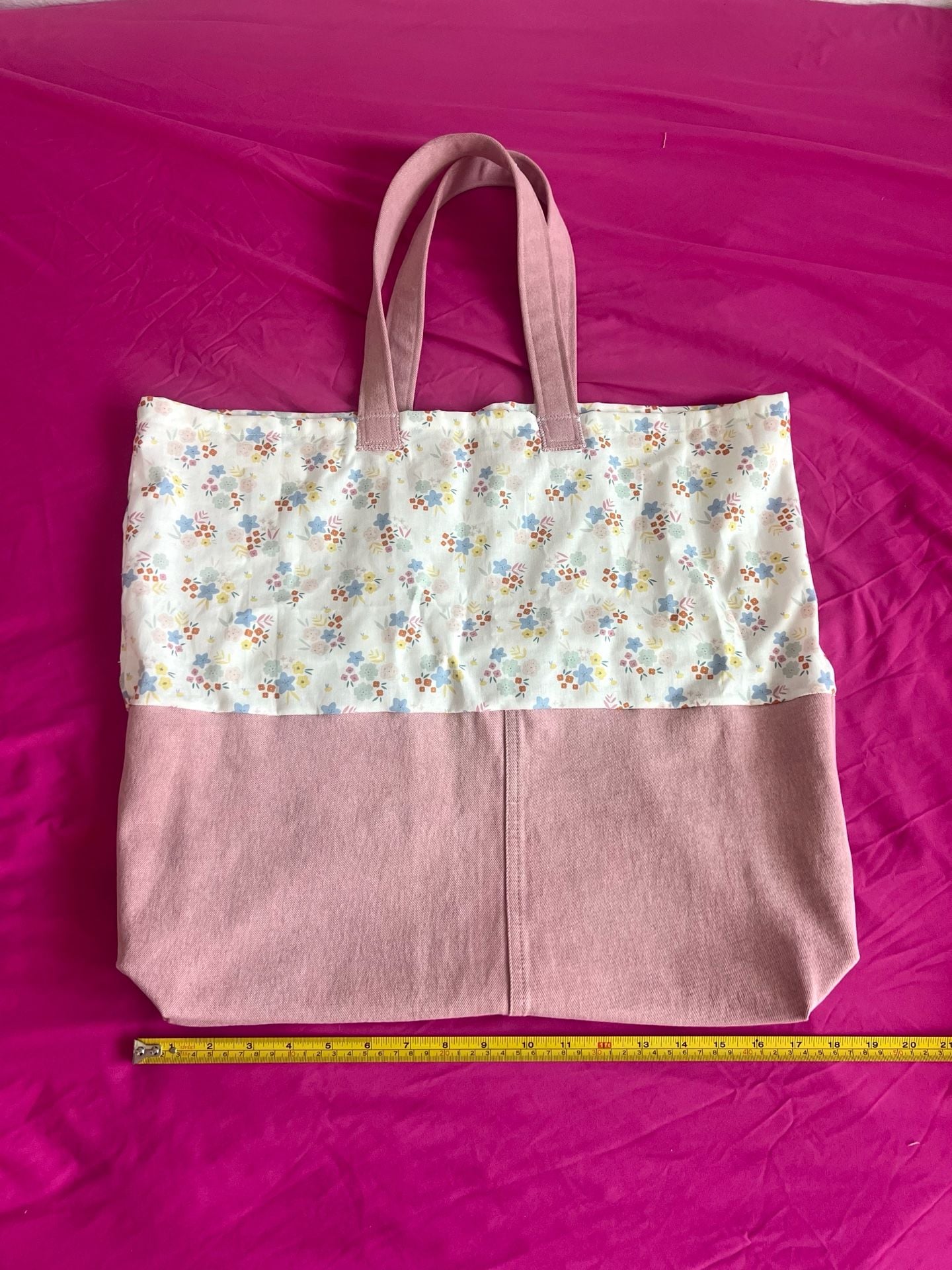 Handmade Cottagecore Pink Canvas and Floral Print Tote Bag 9