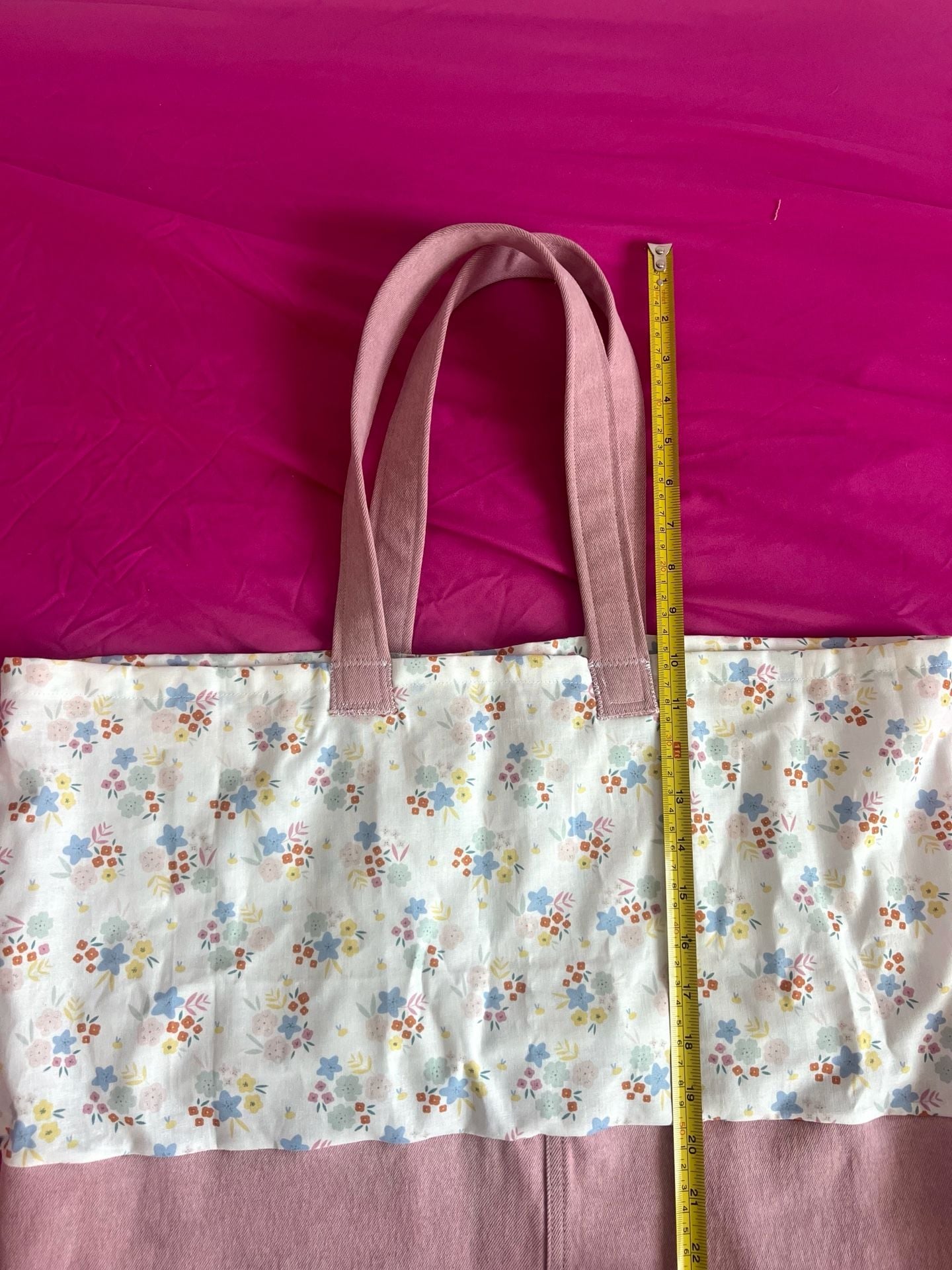 Handmade Cottagecore Pink Canvas and Floral Print Tote Bag 11