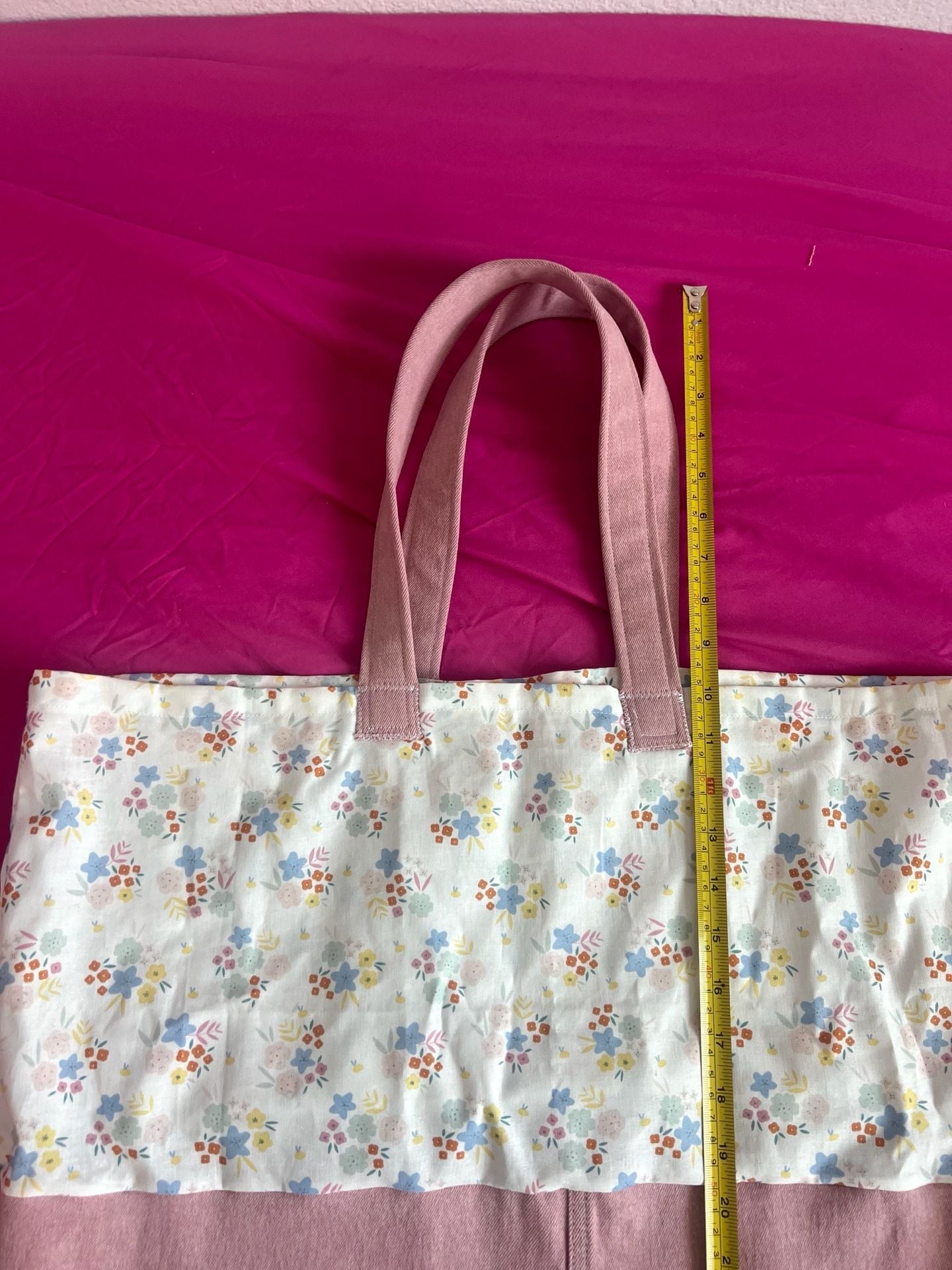 Handmade Cottagecore Pink Canvas and Floral Print Tote Bag 12