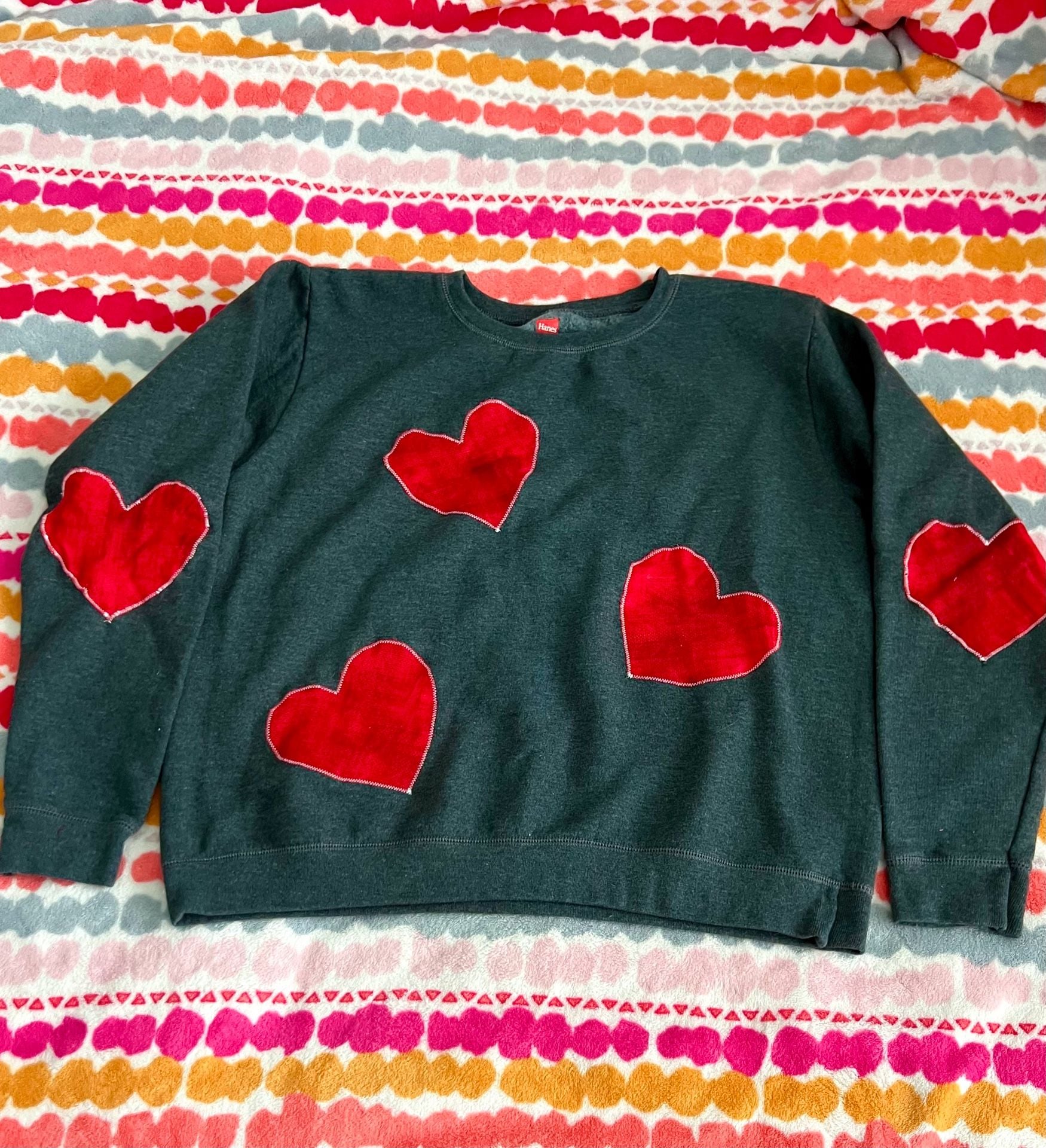 Handmade Hanes Charcoal Gray Fleece Sweatshirt with Red Hearts 2