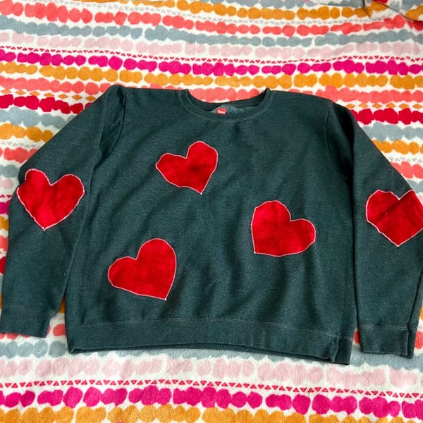 Handmade Hanes Charcoal Gray Fleece Sweatshirt with Red Hearts