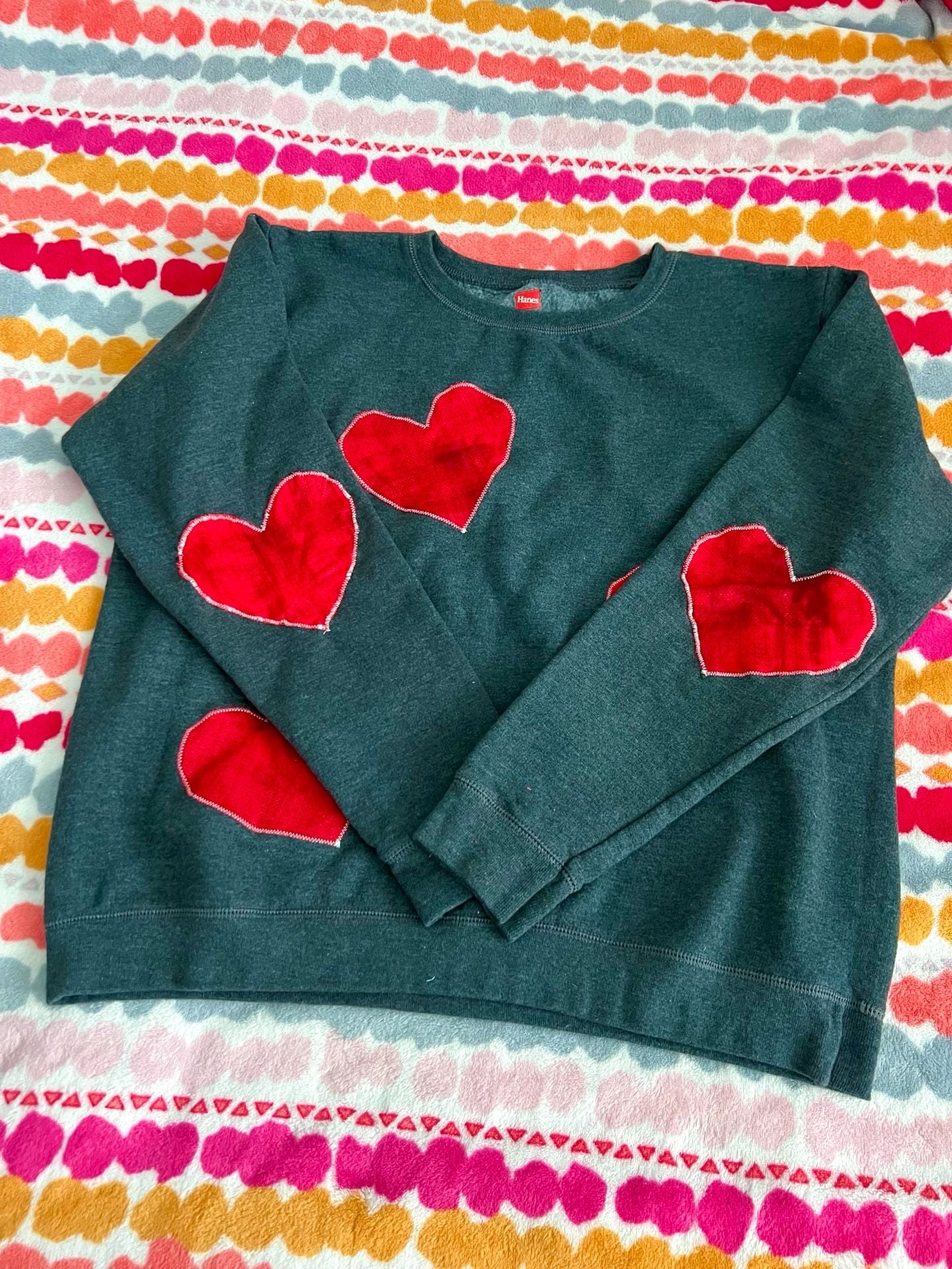 Handmade Hanes Charcoal Gray Fleece Sweatshirt with Red Hearts 3