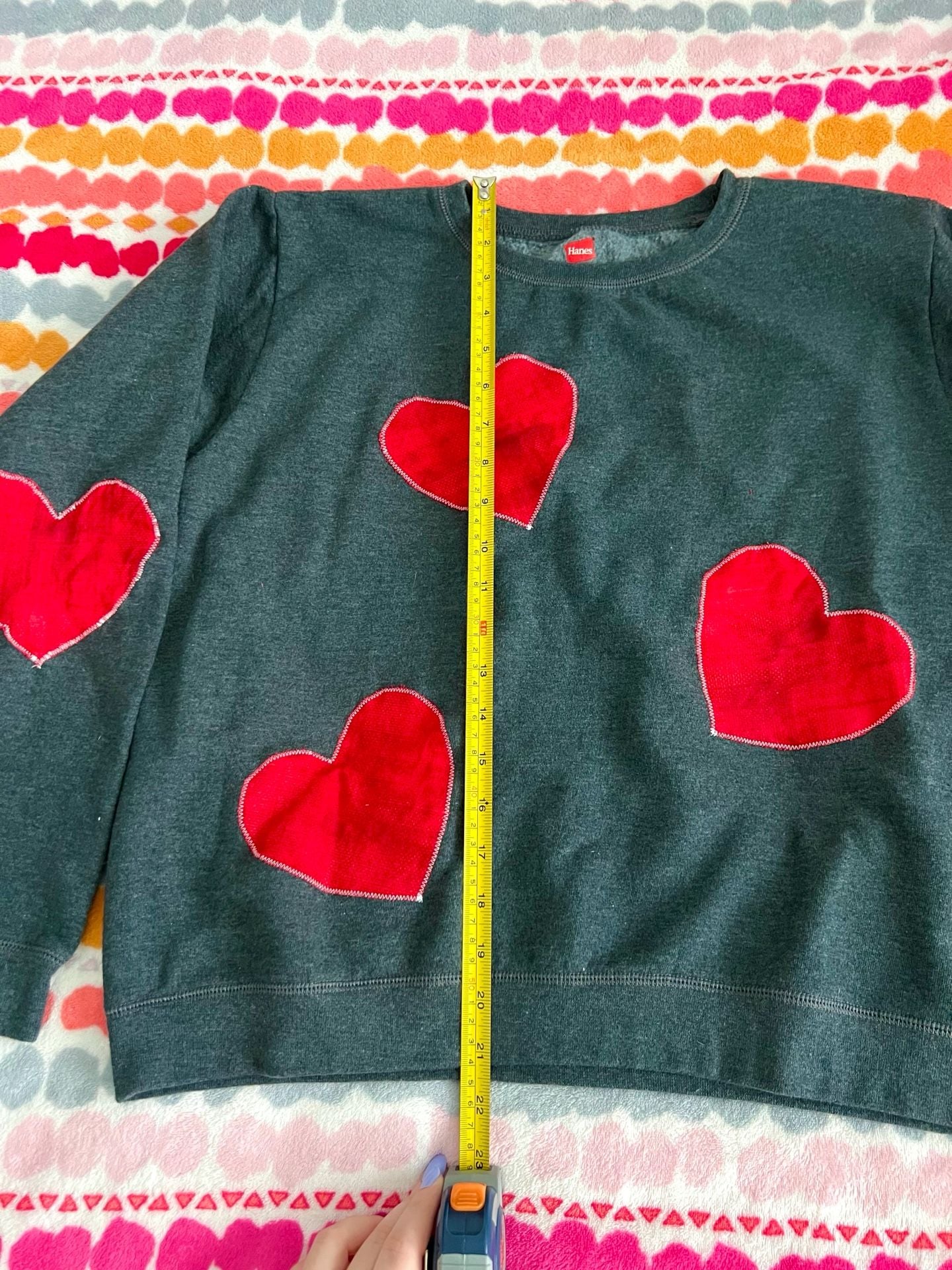 Handmade Hanes Charcoal Gray Fleece Sweatshirt with Red Hearts 4