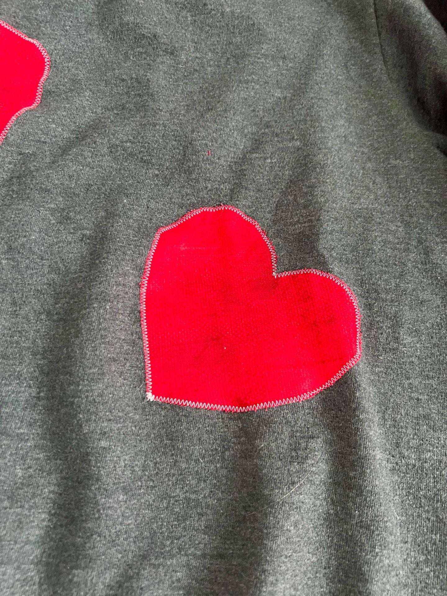 Handmade Hanes Charcoal Gray Fleece Sweatshirt with Red Hearts 6