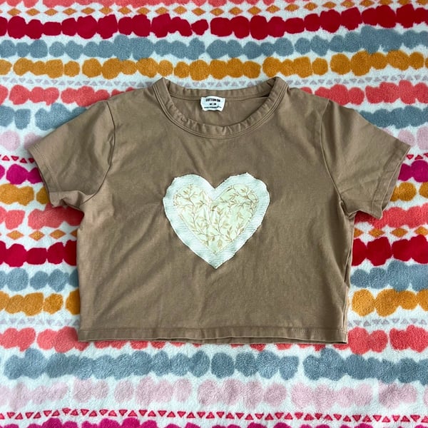 Handmade Cotton:On Brown Crop T-Shirt with Floral Heart Patch