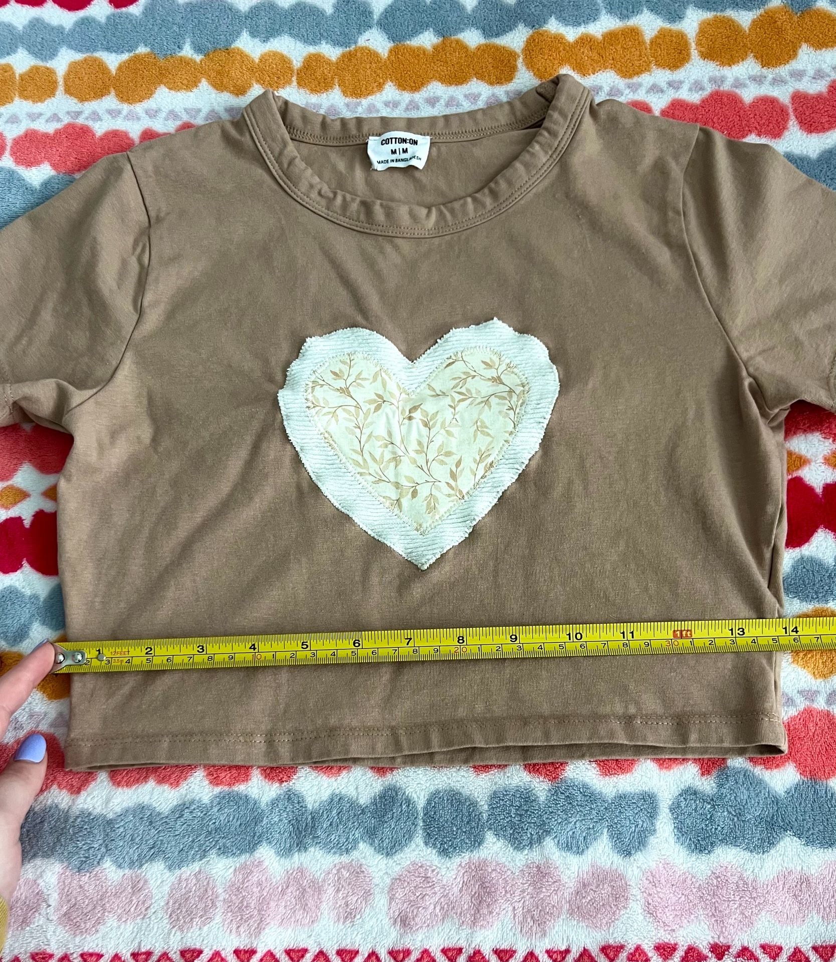 Handmade Cotton:On Brown Crop T-Shirt with Floral Heart Patch 6