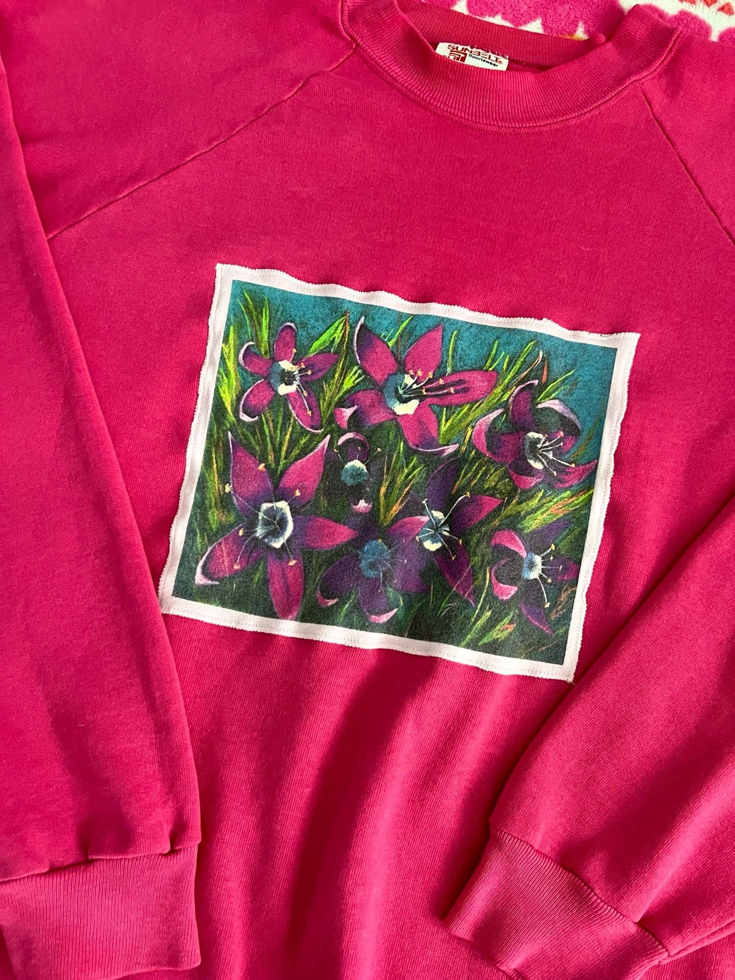 Handmade Sunbelt Sportswear Hot Pink Floral Graphic Sweatshirt XL 4