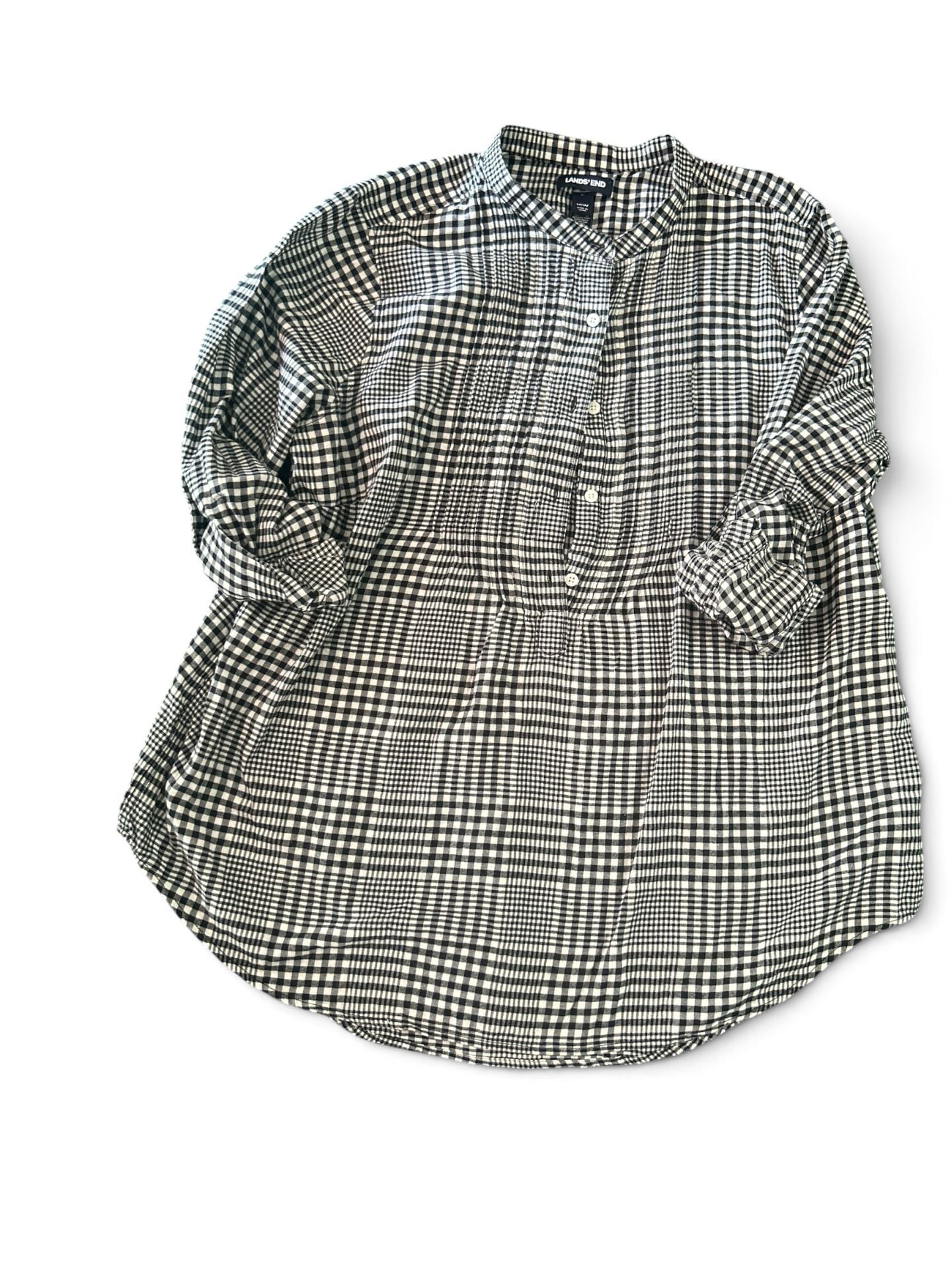 Lands' End Women's Black/Ivory Glen Plaid Flannel Pintuck Tunic Top 2