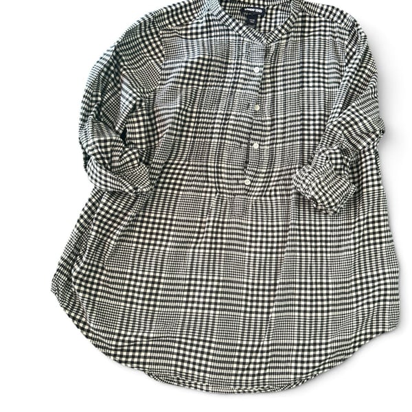 Lands' End Women's Black/Ivory Glen Plaid Flannel Pintuck Tunic Top