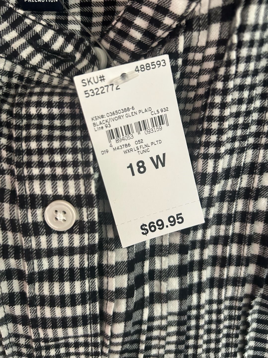 Lands' End Women's Black/Ivory Glen Plaid Flannel Pintuck Tunic Top 3
