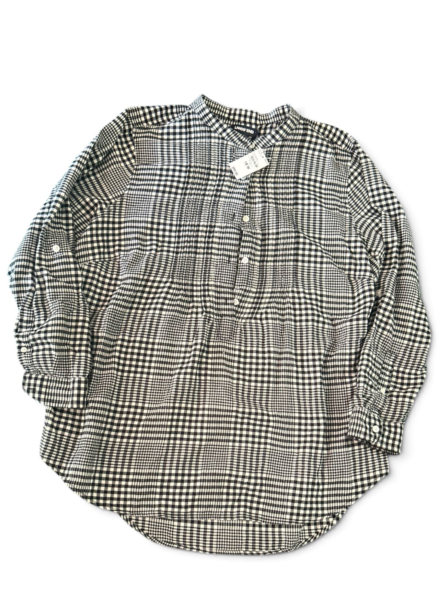 Lands' End Women's Black/Ivory Glen Plaid Flannel Pintuck Tunic Top 8